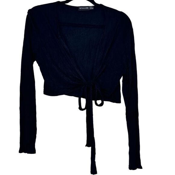 PrettyLittleThing Tie Front Jersey Long Sleeve Stretch Cropped Top Black Size 12 - Picture 2 of 5